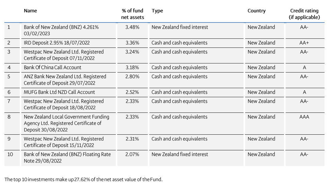 BNZ Cash Top 10 Investments