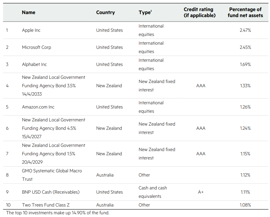 Kiwiwealth Balanced Top 10 Investments