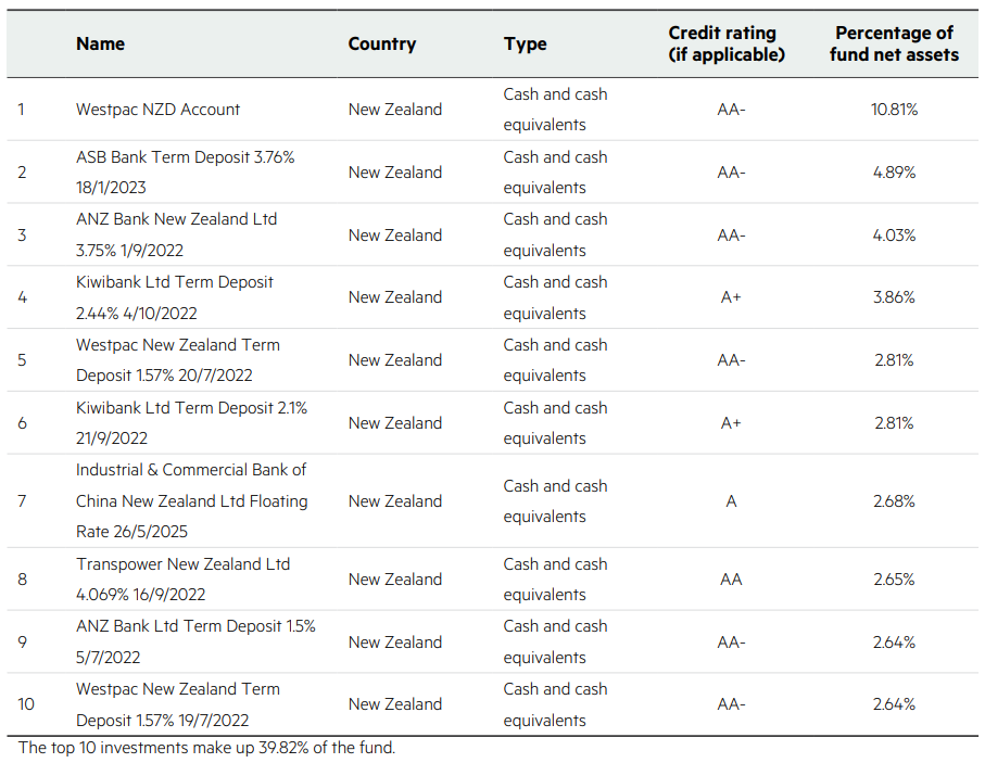 Kiwiwealth Cash Top 10 Investments