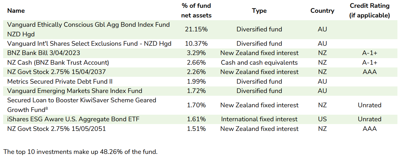 Booster KiwiSaver Moderate March 2023 - top investment