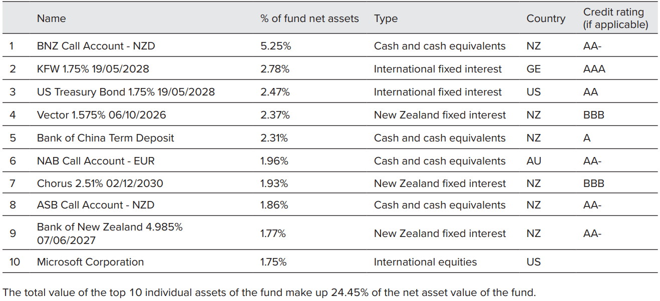 Juno KiwiSaver Balanced March 2023 - top investment