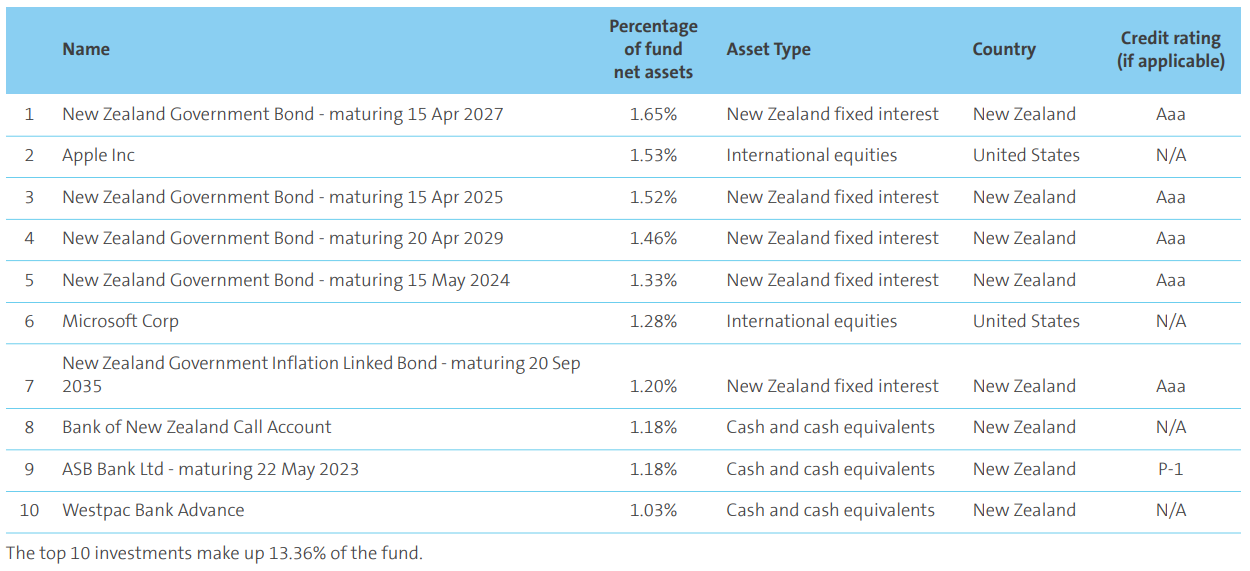 AMP KiwiSaver Moderate-Balanced March 2023 - top investment