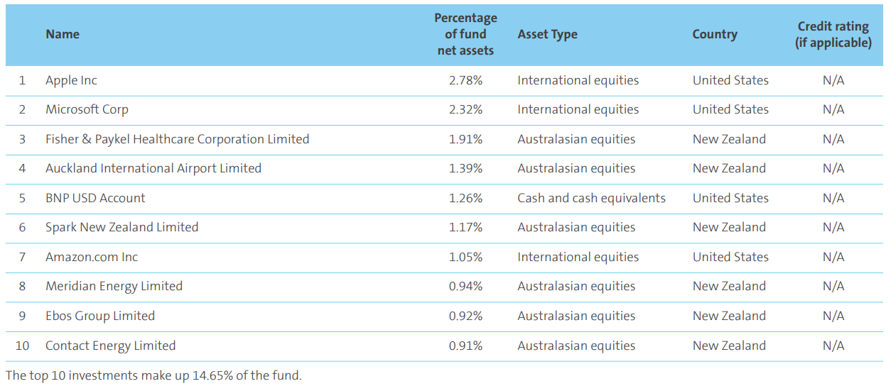 AMP KiwiSaver Aggressive March 2023 - top investment